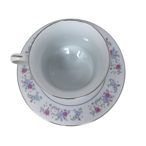 F.T.D.A 1987 Teacup and Saucer Set with Pink/Blue Flowers printed on both - Picture 3 of 5